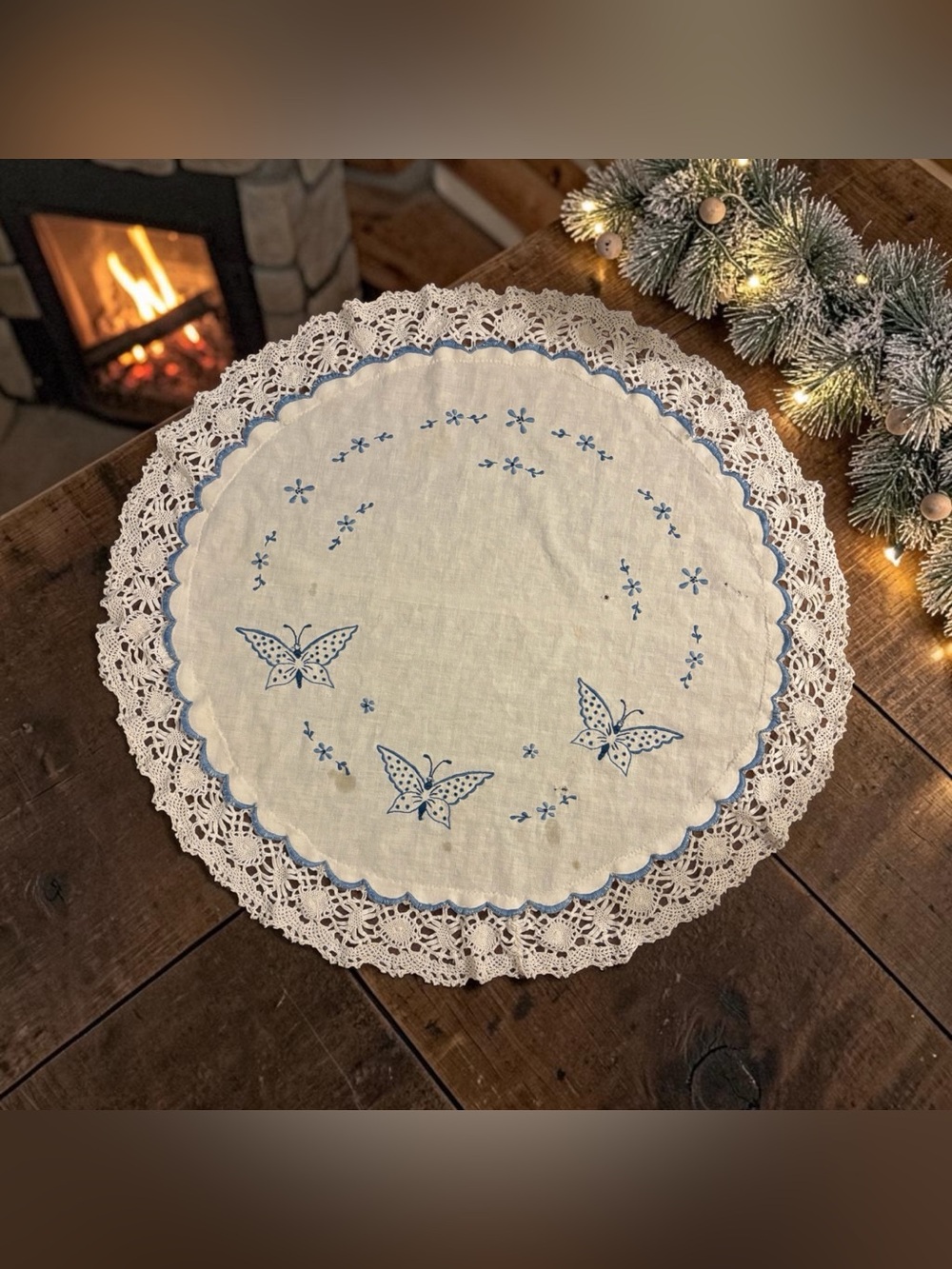 Vintage Table Topper Doily Dresser Scarf Lace Trim Embroidered Blue Butterflies